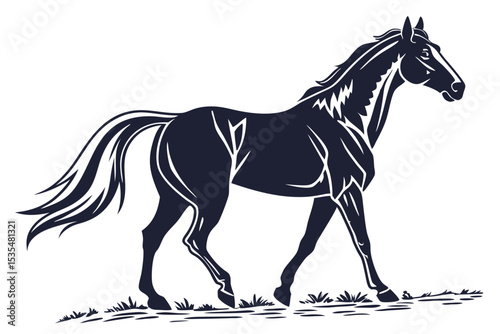 Elegant silhouette illustration of a walking horse on a bed of grass in monochrome