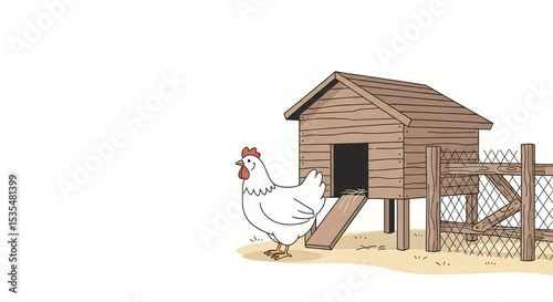 A cartoon chicken stands next to a wooden chicken coop and fence. Rural farm animal house concept. Simple graphic illustration.