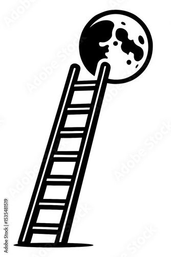 Ladder Reaching for the Moon - Black and White Vector Icon for Ambition, Goals, and Achievement Concepts