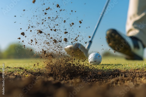 Action shot of a golf club at the moment of impact, hitting the ball and creating a divot
