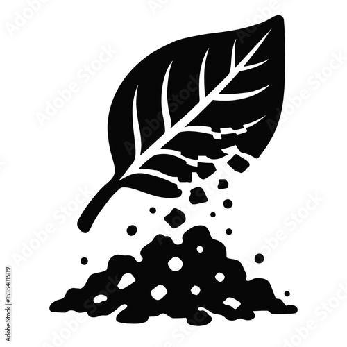Black and White Leaf Decomposing into Soil - Vector Illustration for Composting and Natural Cycles