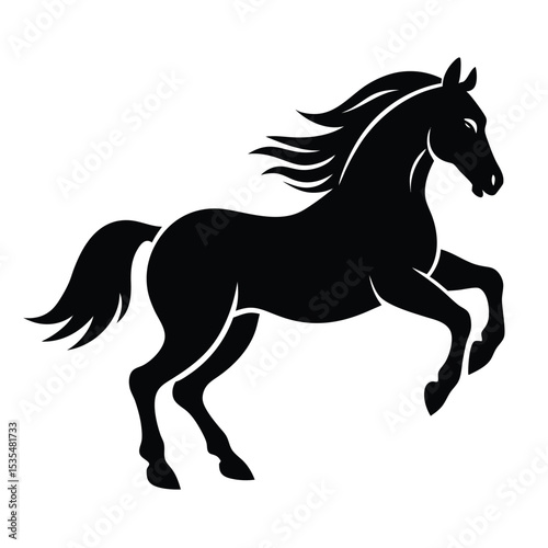 Elegant silhouette of a rearing black horse depicting power and grace on white background