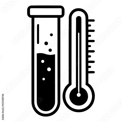 Monochrome Laboratory Test Tube with Bubbling Liquid and Thermometer Illustration - Ideal for Scientific Experiments and Temperature Measurement