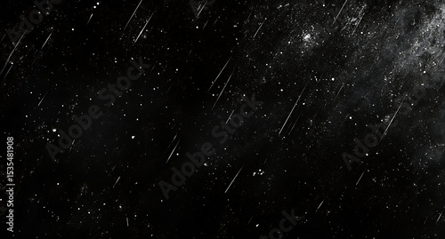 Black background with scratches and dust, starry sky, shooting stars, texture, grainy, grunge style, high contrast, gritty film stock, dark mood.