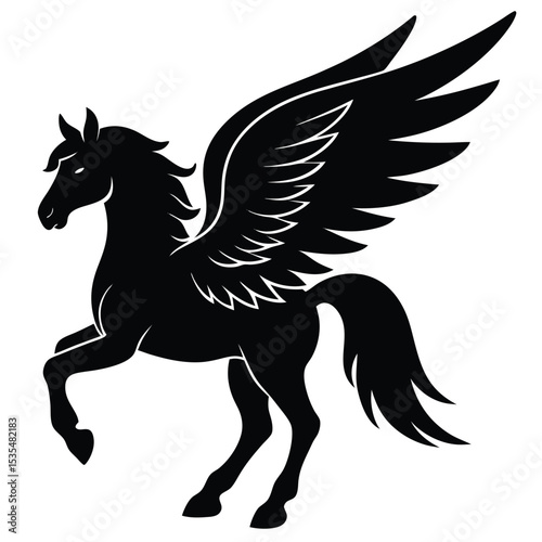 Majestic black silhouette of a mythical pegasus horse with wings on a clean white background