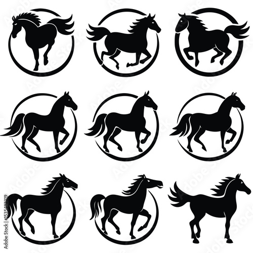 Nine black horse silhouettes inside circles representing elegance and grace in a vector design