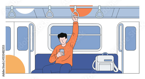 A Person Standing On A Train Holding A Phone And Overhead Handle