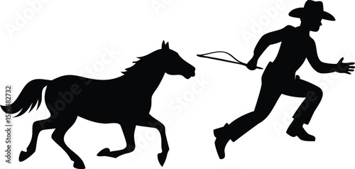 Silhouette of a cowboy chasing a horse depicting western theme and animal movement