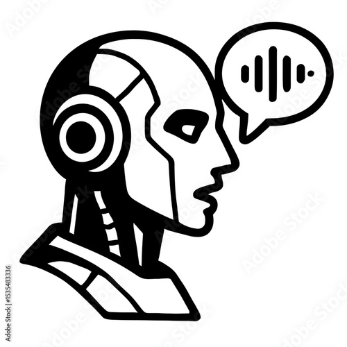Monochrome Robot Head with Speech Bubble and Sound Waves Illustration - Representing AI, Voice Recognition, and Communication