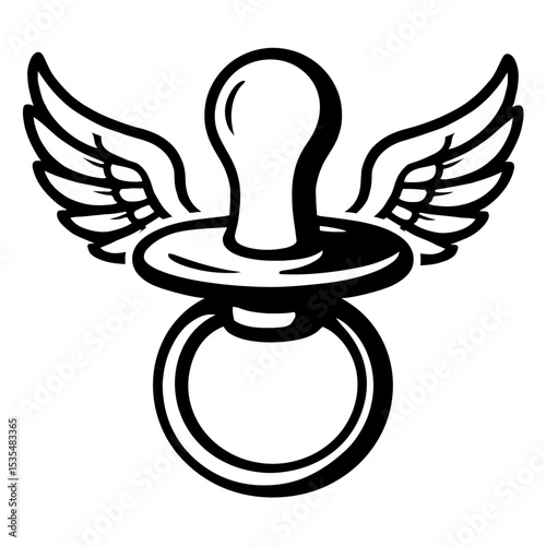 Charming Monochrome Baby Pacifier with Wings Illustration - Symbolizing Comfort, Gentleness, and Infant Care