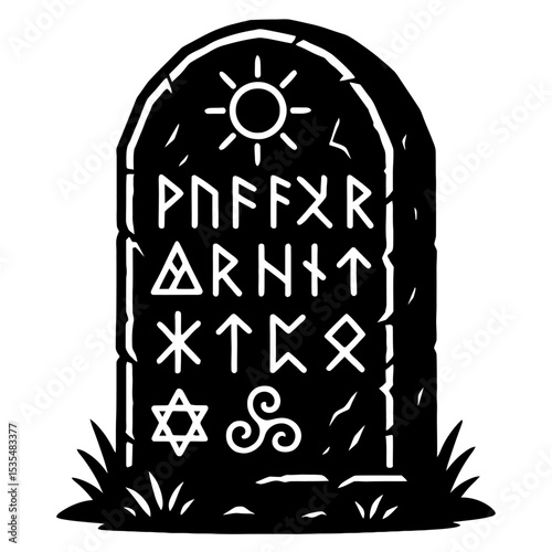 Mystical Monochrome Runestone with Ancient Symbols and Sun Illustration - Perfect for Mythology and Historical Themes