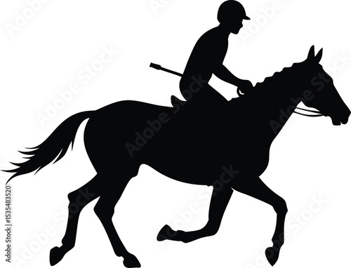 Silhouette of a horse and rider in full gallop with equestrian riding theme