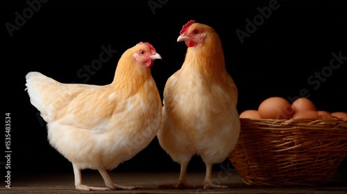 Two charming chickens stand close to each other, showcasing their warm feathers. Nearby, a basket rests filled with fresh eggs. A delightful farm scene full of life. AI