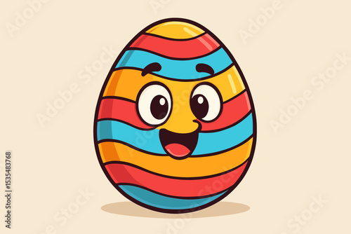 Happy Easter egg mascot with a cute face. Colorful striped cartoon character for spring holiday celebration. Vector illustration concept for Easter hunt, kids party, or greeting card.