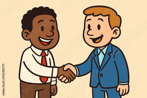 Friendly handshake of two diverse businessmen. Cartoon of multicultural partners making a deal. Concept of business agreement, collaboration, teamwork, and success. Vector illustration.