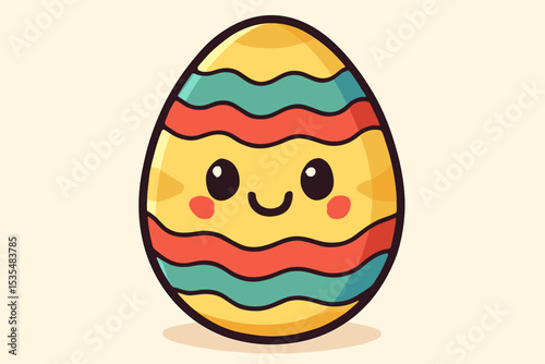 Cute kawaii Easter egg character with a happy smiling face. Colorful striped holiday decoration for spring celebration. Flat vector illustration isolated on a simple background.