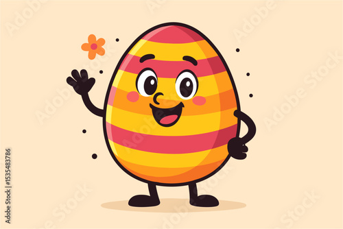 Cute cartoon Easter egg character waving hello. Happy smiling mascot with stripes for spring holiday celebration. Vector illustration for kids, greeting card, or invitation design.