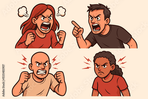 Set of angry cartoon people with expressions of rage and frustration. Diverse men and women shouting and arguing. Vector illustration concept for conflict, aggression, stress and dispute.