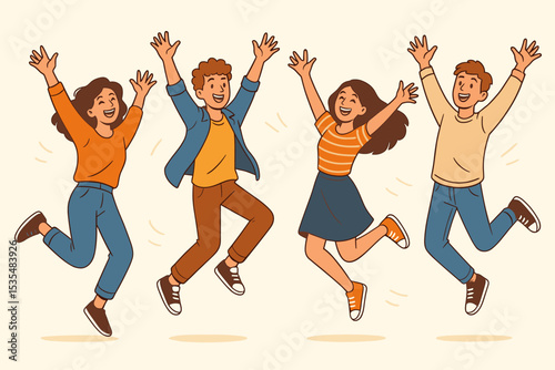 Group of happy young people jumping with joy. Friends celebrating success together. Cheerful men and women with arms raised. Vector illustration of an excited team. Happiness concept.