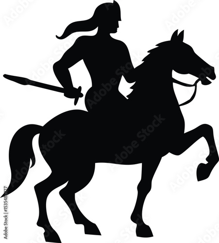 Silhouette of a knight riding a horse with a sword illustration for design projects