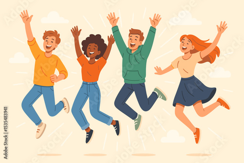 Happy diverse group of friends jumping in celebration. Young multicultural people feeling joyful and excited. Concept of success, freedom, friendship, and youth. Vector illustration.