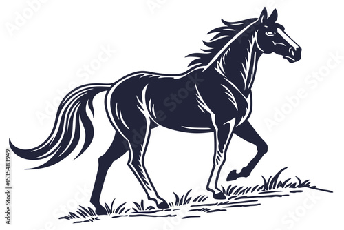 Silhouette of a majestic horse galloping across a grassy landscape in linear illustration