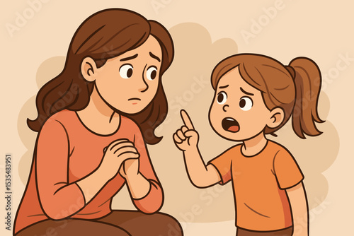 Upset little girl pointing finger and complaining to her sad mother. Family argument, communication issues, child behavior problems, parenting and discipline vector concept.