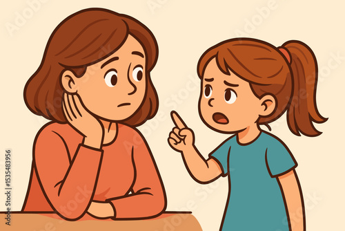 Family conflict concept. Upset daughter complaining to worried mother. Child arguing, pointing finger. Parent listening. Difficult conversation, communication problem, child psychology, parenting.