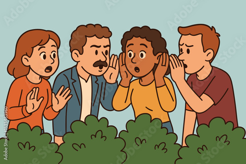 Concept of gossip, rumor mill, and spreading misinformation. Diverse people whispering secrets and reacting with shock. Hearsay, communication chain, and fake news vector illustration.