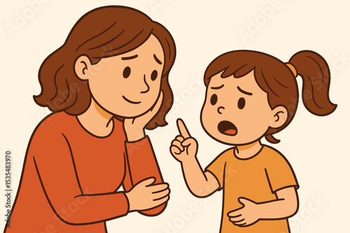 Mother listening to her daughter. Upset girl talking to mom. Concept of family relationship, communication, support. Parenting and childcare. Mom giving advice. Kid explaining.