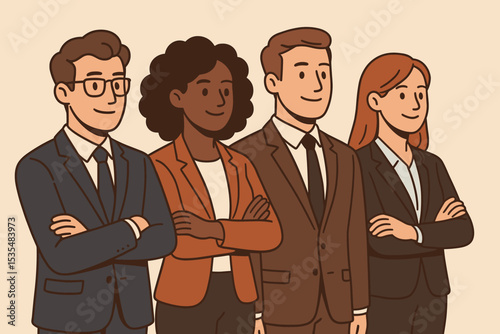 Diverse business team illustration. Group of multicultural professionals, men and women in suits with arms crossed. Concept of teamwork, collaboration, corporate unity and success.