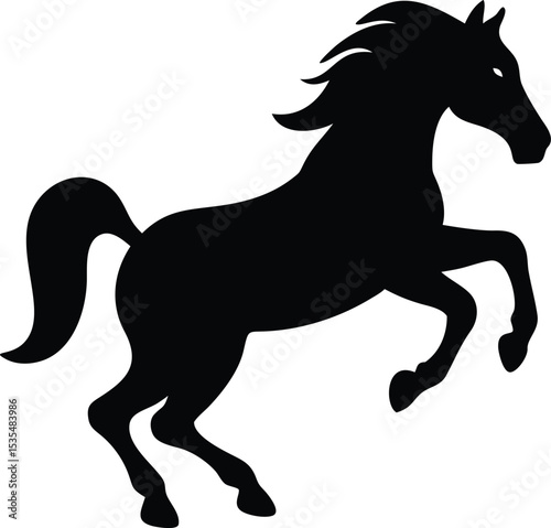 Silhouette of a majestic horse in dynamic pose reaching upwards against a white background