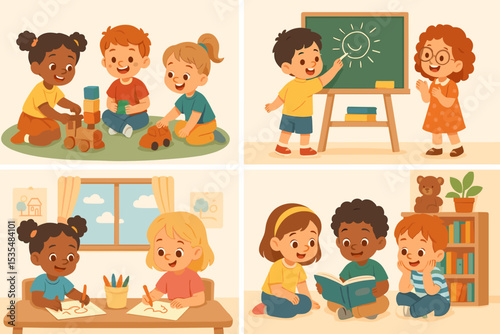 Kindergarten scenes set. Diverse children playing with toys, drawing, and reading a book together. Preschool education, early childhood development. Cute cartoon vector illustration.