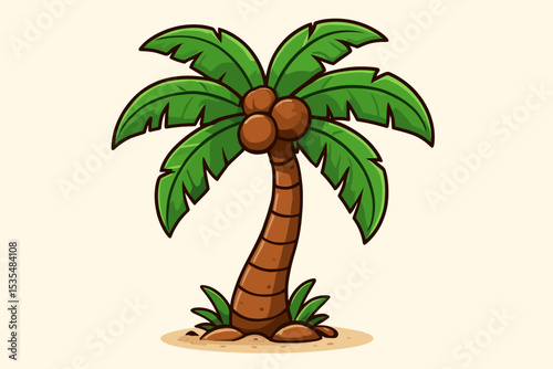 Cartoon palm tree vector illustration with coconuts. Isolated tropical plant for summer beach design. Cute exotic nature icon for vacation, holiday, or travel advertising.
