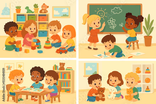 Set of kindergarten scenes with diverse children playing and learning. Kids activity collection for preschool. Boys and girls drawing, reading books, and playing with toys. Vector.