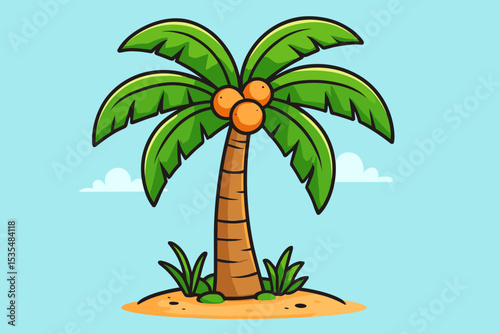 Tropical palm tree cartoon illustration with coconuts on sandy island, summer beach nature vector, tropical vacation, exotic greenery, tropical landscape design