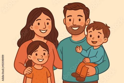 Happy family of four cartoon portrait. Mother, father, son and daughter smiling and hugging. Parents and children together. Vector illustration for love, care, unity, and family day.