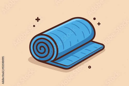 Blue yoga mat rolled up cartoon vector illustration. Fitness, exercise, and sport equipment icon for gym, pilates, and wellness. Healthy lifestyle concept graphic design.