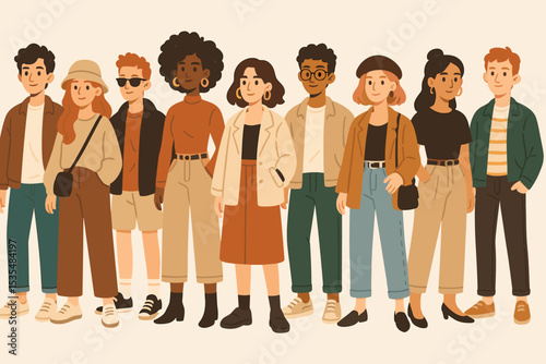 Trendy fashion crowd of diverse young people. Multicultural group of students and friends standing together. Community and youth concept. Full body flat design vector illustration.