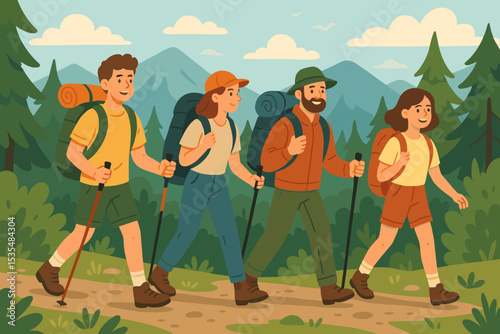 Family hiking adventure in the mountains. Group of happy people trekking with backpacks on a nature trail. Outdoor activity, travel vacation and active lifestyle concept illustration.