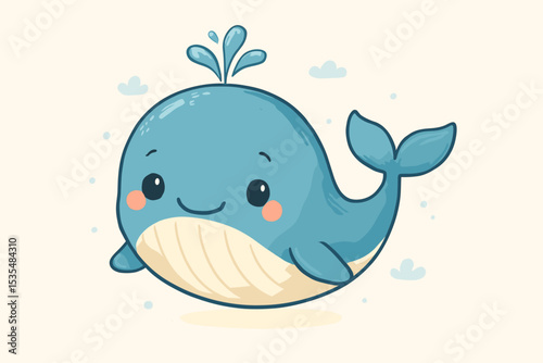 Cute cartoon baby whale character spouting water. Kawaii marine animal illustration for kids. Adorable happy smiling blue whale for nursery decor, children's book or print vector.