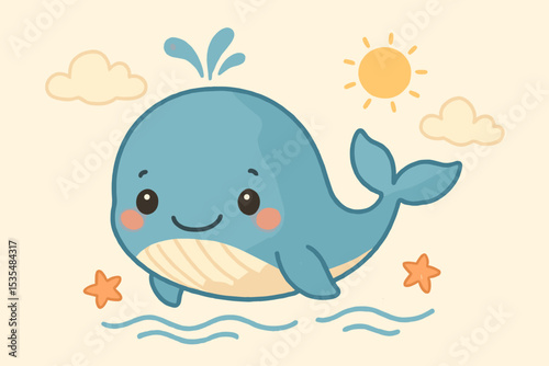 Cute cartoon whale swimming in the ocean. Happy baby blue whale character illustration for kids. Kawaii marine animal drawing with sun and clouds for nursery wall art decoration.
