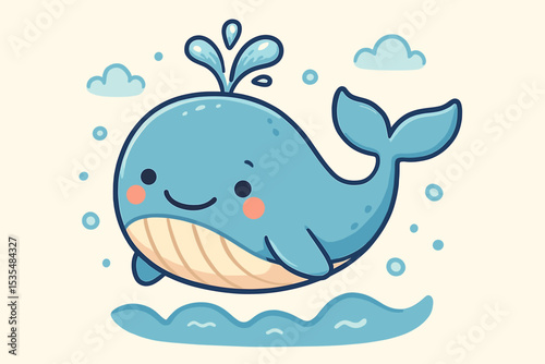 Cute cartoon whale illustration. Happy blue kawaii whale jumping in the sea. Adorable ocean animal character for kids, baby shower, nursery decor. Marine wildlife vector art.
