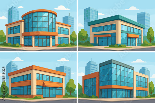 Set of modern shopping center and office building illustrations. Vector collection of commercial real estate facades. Urban cityscape with stores, malls and business centers. Flat design.