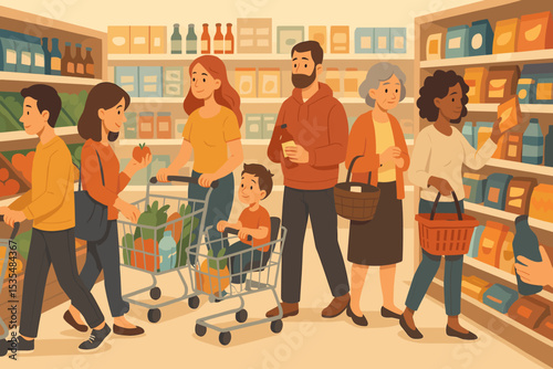 Diverse group of people grocery shopping in a busy supermarket aisle. Happy family, couple, and customers with carts and baskets choosing food. Daily life retail vector concept.