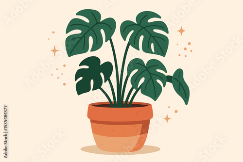Monstera Deliciosa in terracotta pot vector illustration. Trendy Swiss cheese houseplant for home decor. Modern flat design indoor plant for interior decoration or botanical concept.