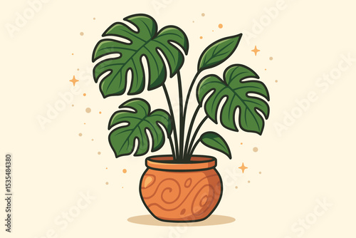 Monstera deliciosa in a terracotta pot. Cute cartoon vector illustration of a trendy houseplant. Swiss cheese plant icon for home decor, biophilic design, urban jungle.