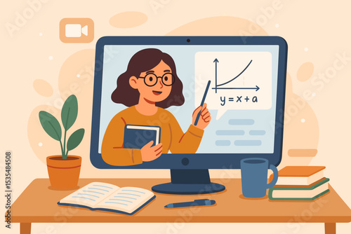 Online education concept with female teacher on computer screen. Woman tutor explains math on video call. E-learning, webinar, remote study, virtual classroom illustration.
