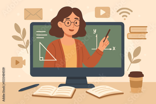 Online teaching vector illustration. Female teacher on computer screen explaining math and geometry. E-learning, distance education, webinar, virtual classroom, study from home concept.