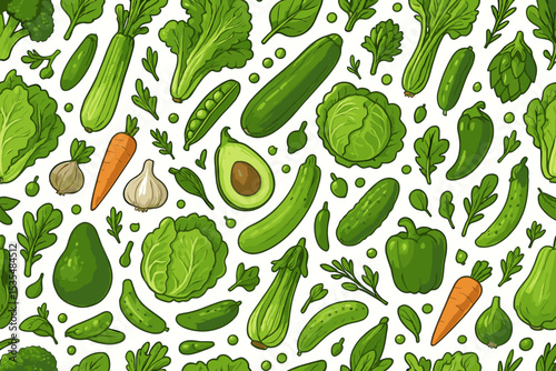 Hand drawn vegetable seamless pattern with fresh organic food. Healthy vegetarian diet background. Vector illustration of farmer market produce like carrot, avocado, cabbage, cucumber.
